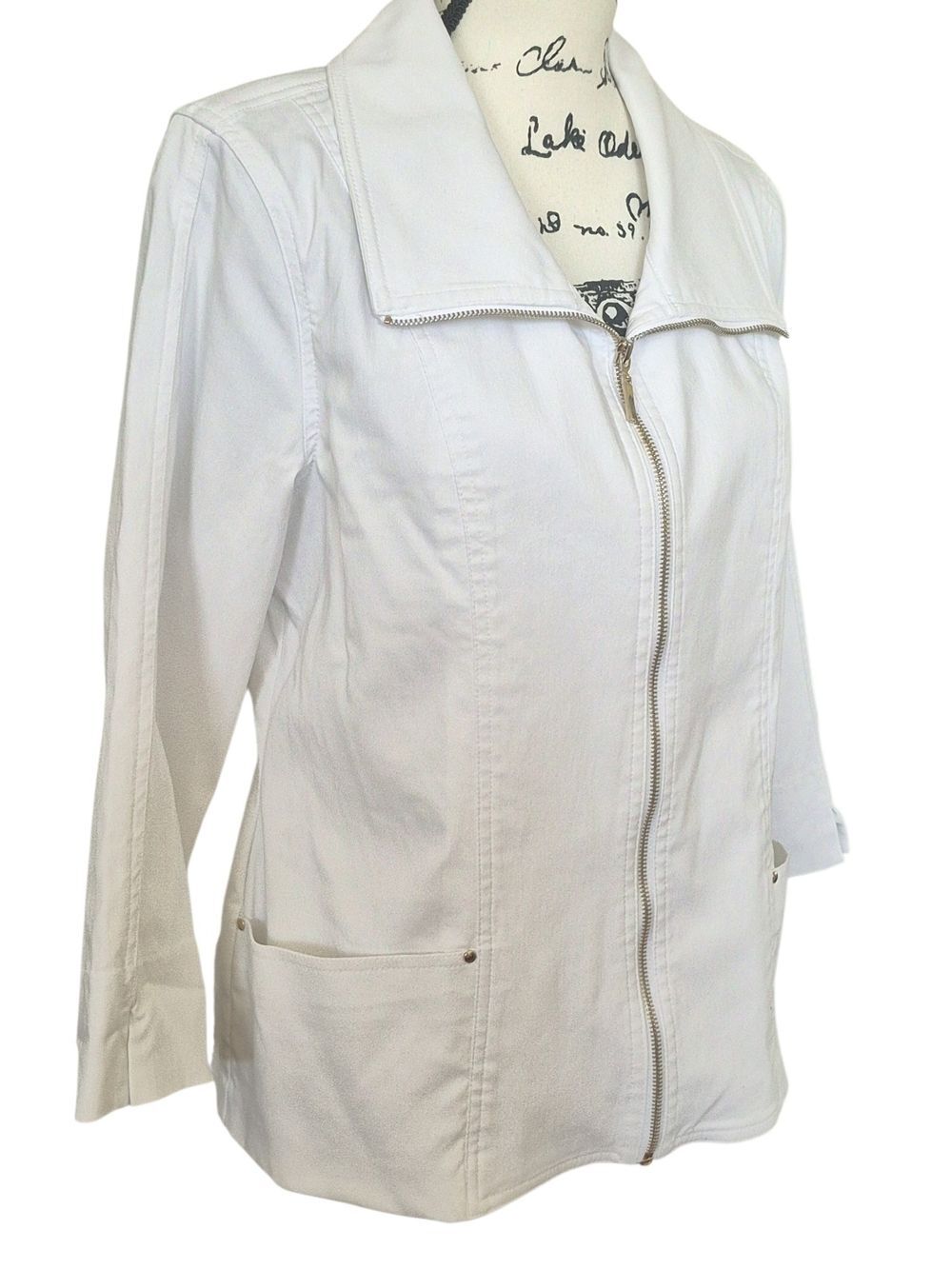 White Stretch Zip Front Jacket 12 3/4 Sleeve Nautical Golf Resort Coastal Tennis - Picture 3 of 8